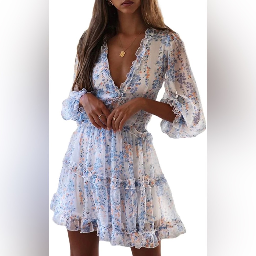 NWOT Deep V-Neck Backless Ruffle Long Sleeve Floral Mini Dress
